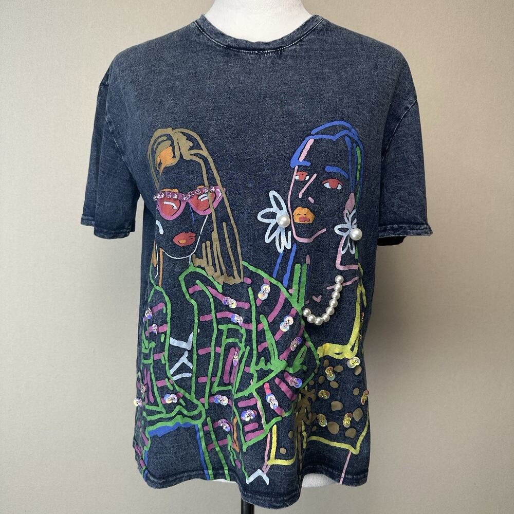 Girls Graphic Top Sz‎ M Denim Short Sleeve Bling Boxy Fun Street Wear Fashion